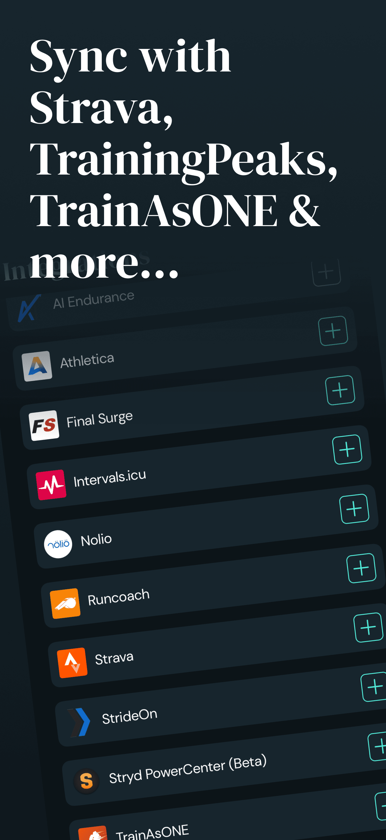 Watchletic integrations screen showing connected training services