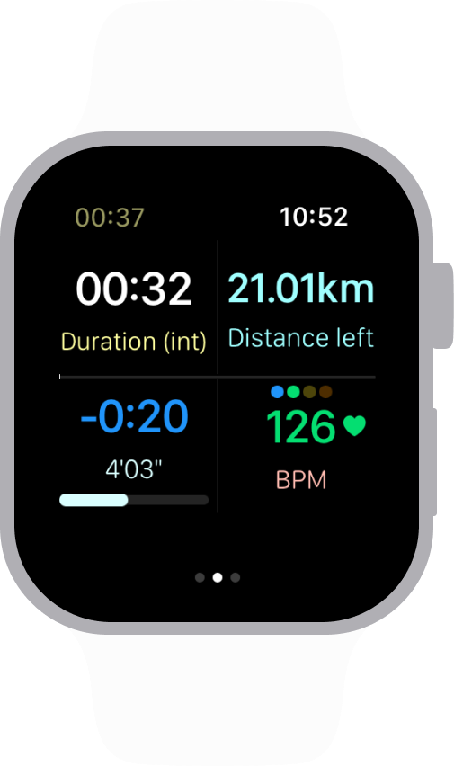 Screenshot of an active workout in Watchletic app running faster than target pace