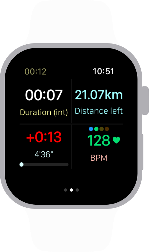 Screenshot of an active workout in Watchletic app running slower than target pace